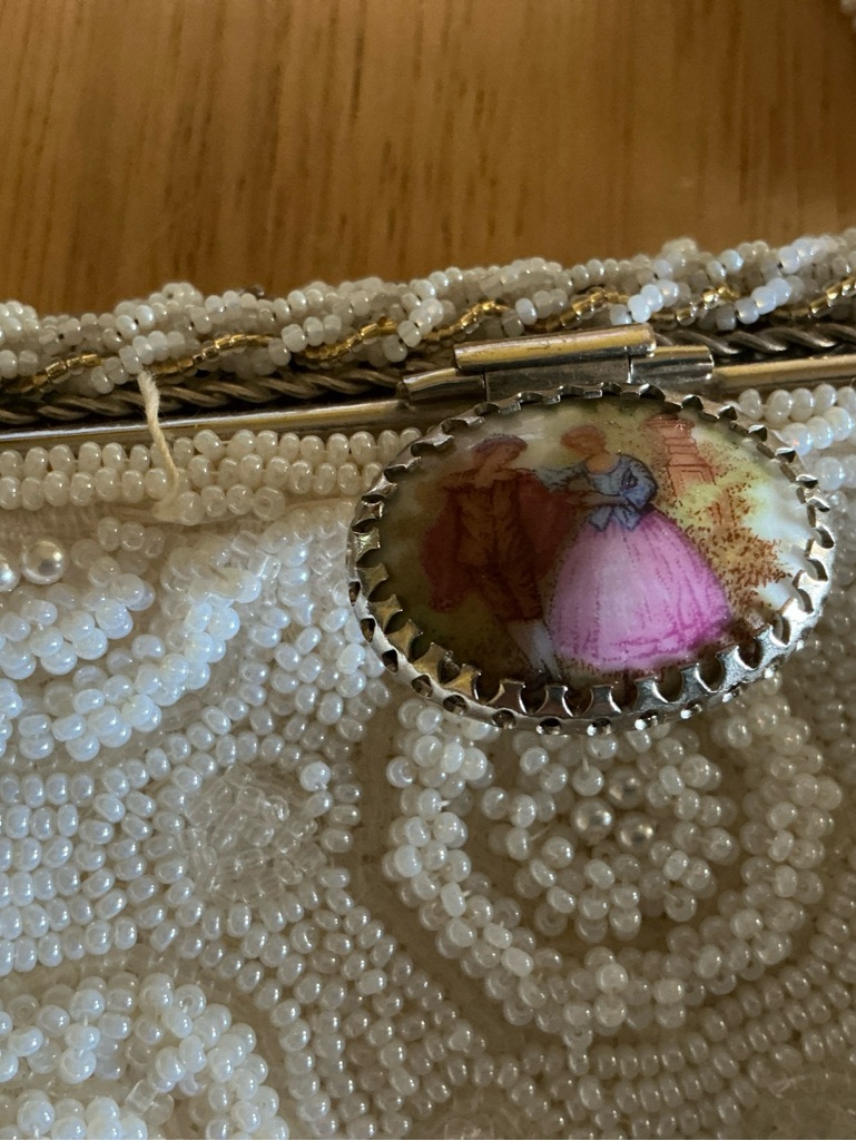 White Beaded Clutch With Pink Cameo Accent